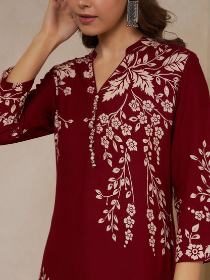 Wine Printed Rayon Women's Kurta and Palazzo Set