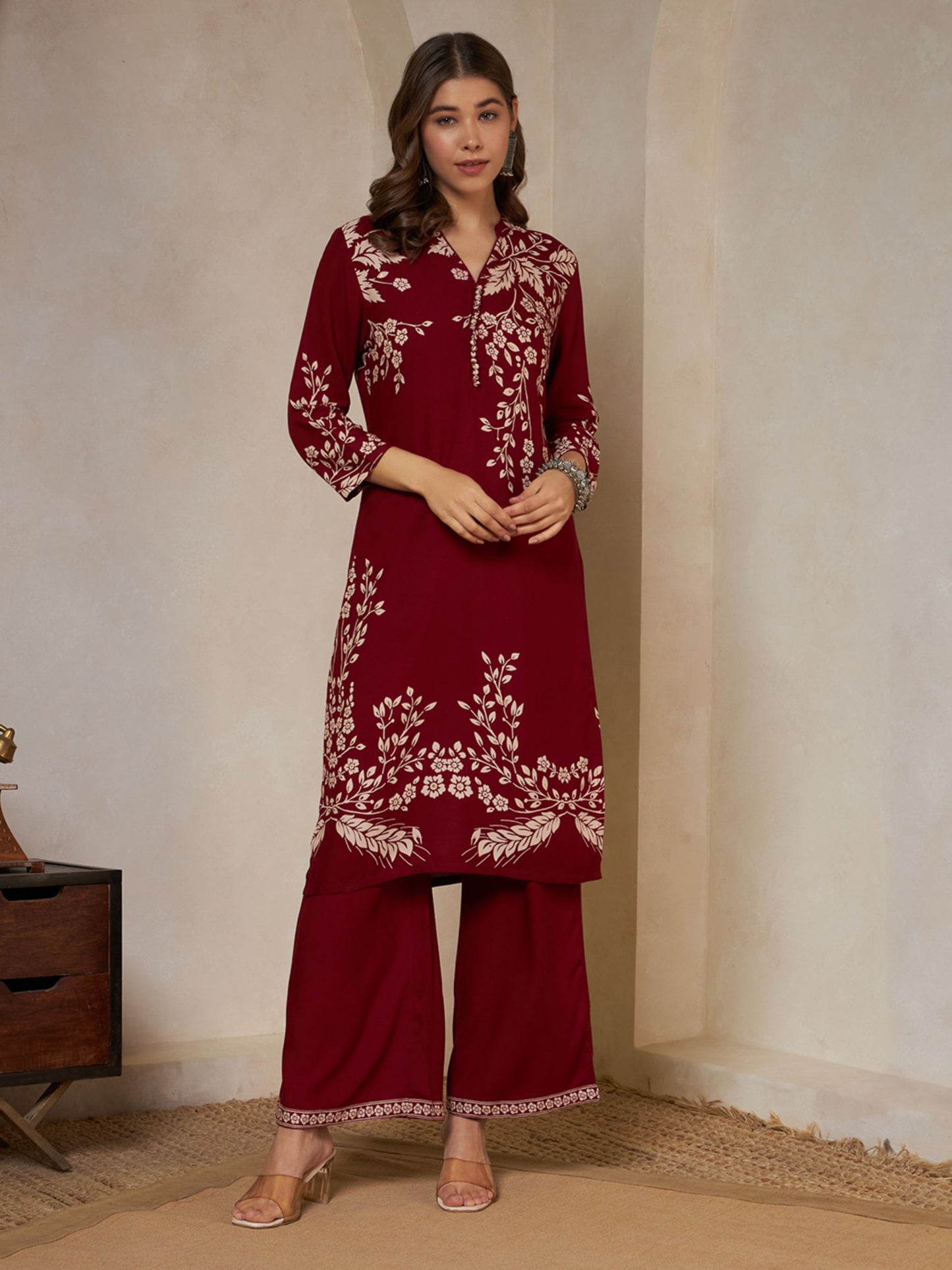 Wine Printed Rayon Women's Kurta and Palazzo Set