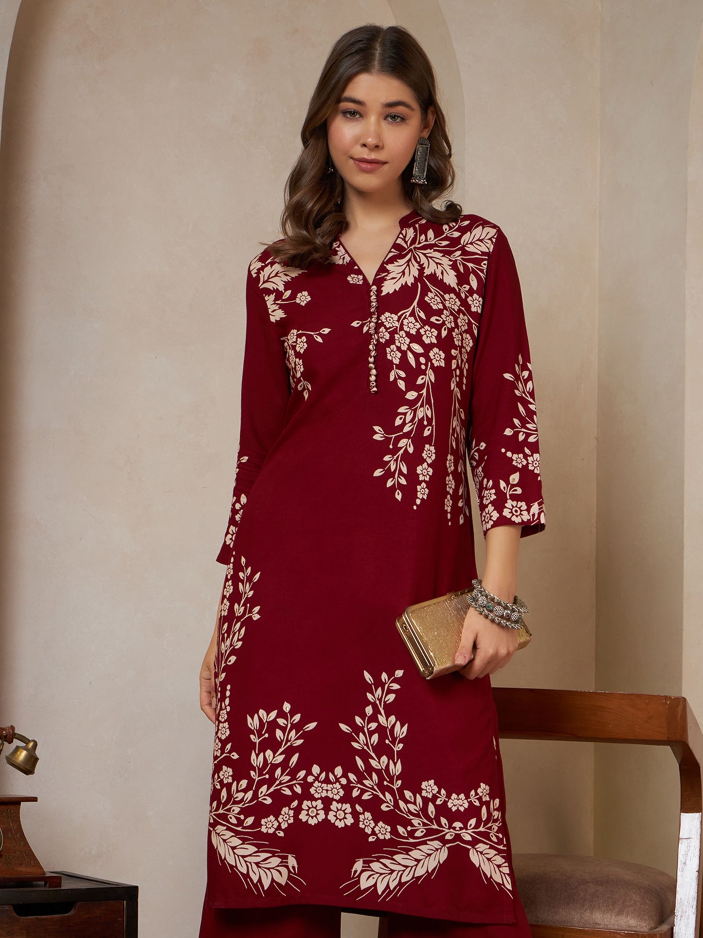 Wine Printed Rayon Women's Kurta and Palazzo Set