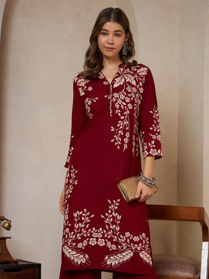 Wine Printed Rayon Women's Kurta and Palazzo Set