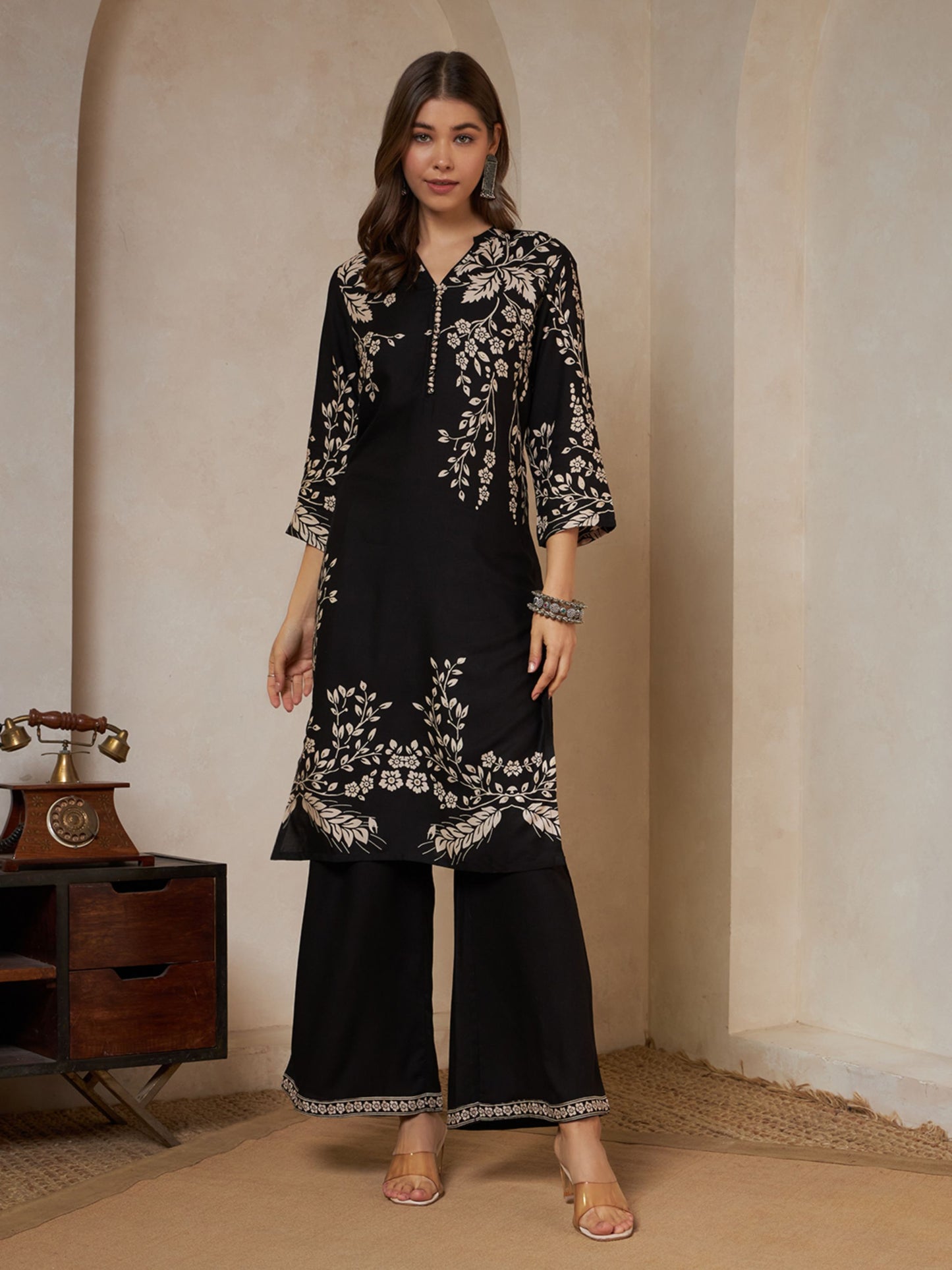 Wine Printed Rayon Women's Kurta and Palazzo Set