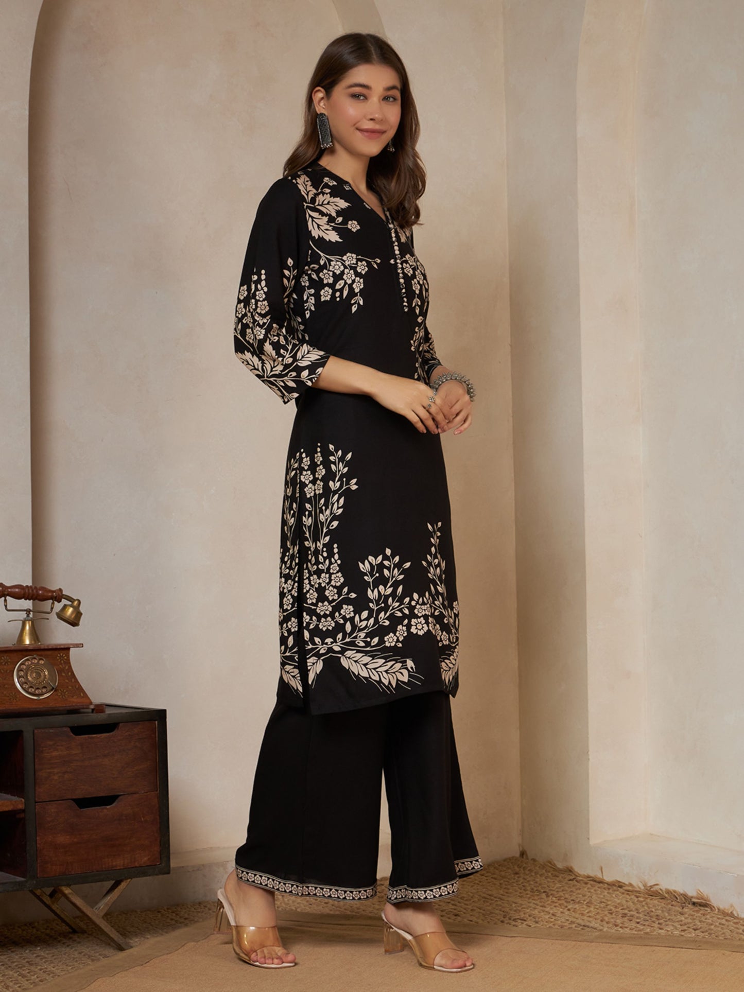 Wine Printed Rayon Women's Kurta and Palazzo Set