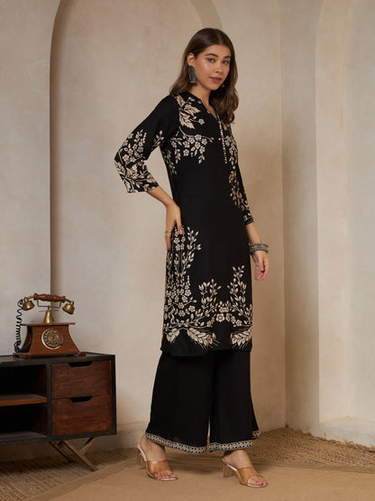 Wine Printed Rayon Women's Kurta and Palazzo Set
