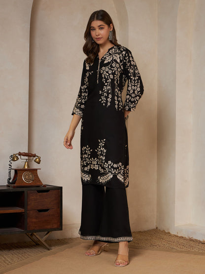 Wine Printed Rayon Women's Kurta and Palazzo Set
