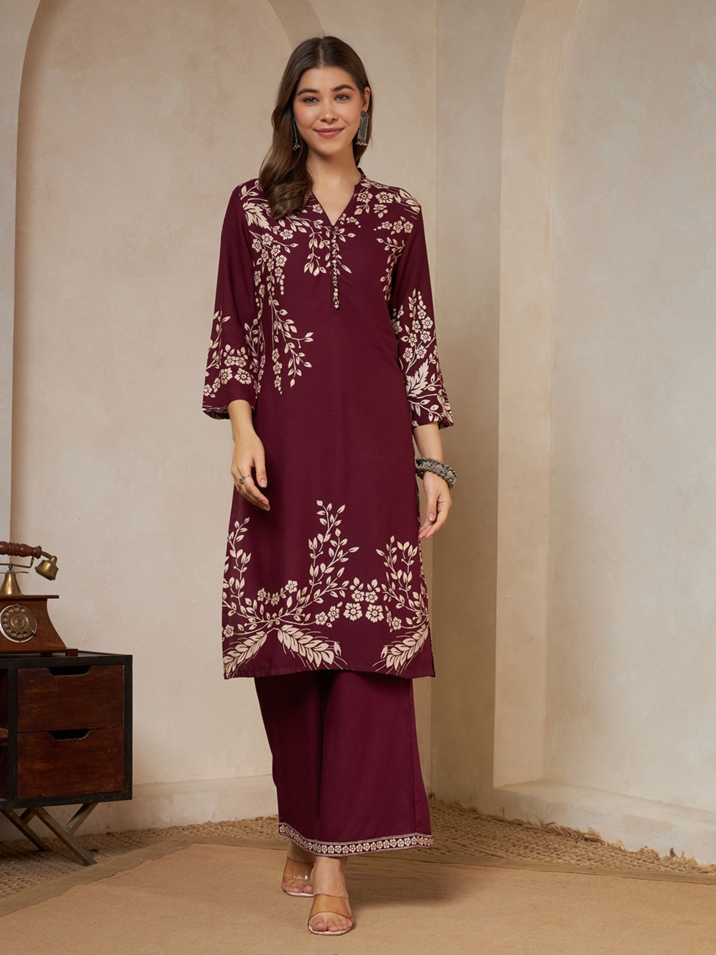 Wine Printed Rayon Women's Kurta and Palazzo Set