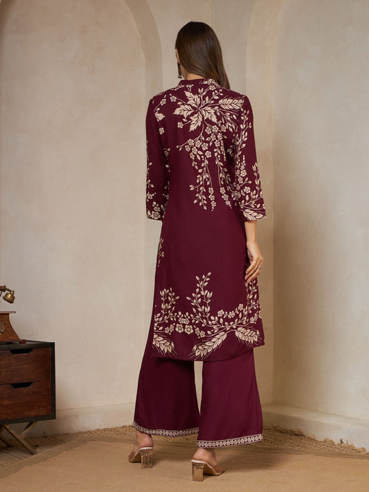 Wine Printed Rayon Women's Kurta and Palazzo Set