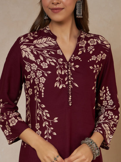 Wine Printed Rayon Women's Kurta and Palazzo Set