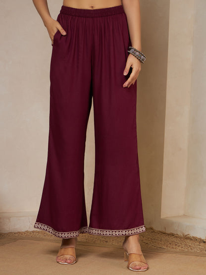 Wine Printed Rayon Women's Kurta and Palazzo Set