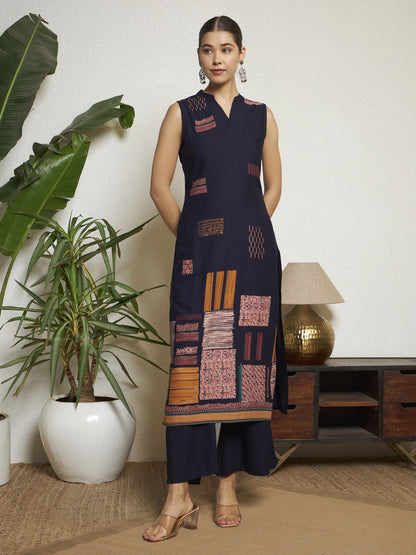 Navy Blue Printed Rayon Women's Kurta and Palazzo Set