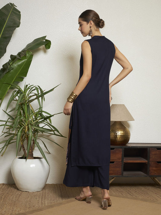 Navy Blue Printed Rayon Women's Kurta and Palazzo Set