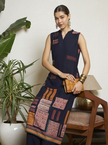 Navy Blue Printed Rayon Women's Kurta and Palazzo Set