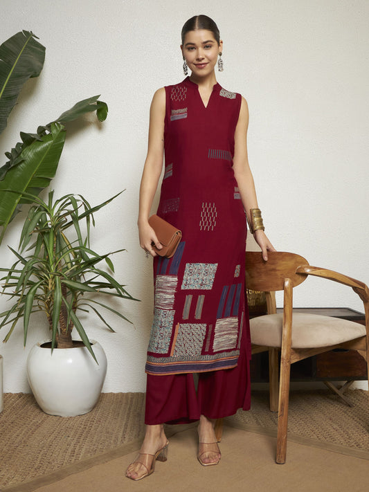 Maroon Printed Rayon Women's Kurta and Palazzo Set