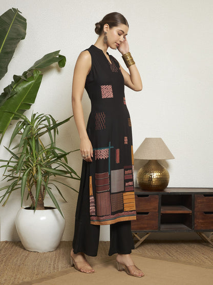 Navy Blue Printed Rayon Women's Kurta and Palazzo Set