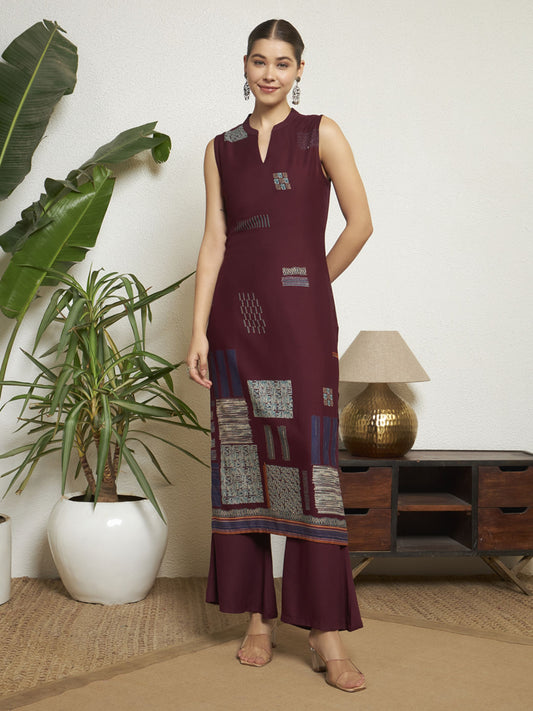 Wine Printed Rayon Women's Kurta and Palazzo Set