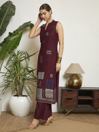 Wine Printed Rayon Women's Kurta and Palazzo Set