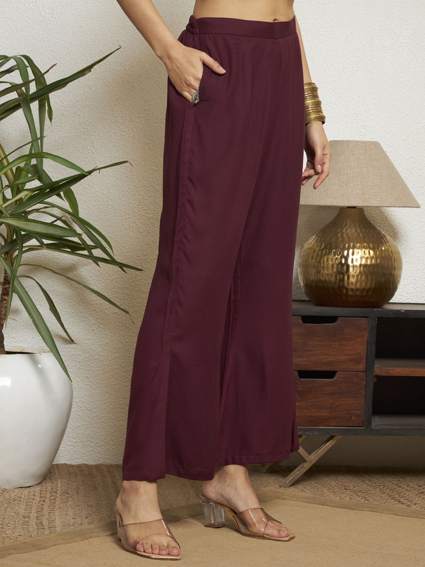 Wine Printed Rayon Women's Kurta and Palazzo Set