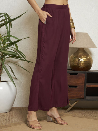 Wine Printed Rayon Women's Kurta and Palazzo Set