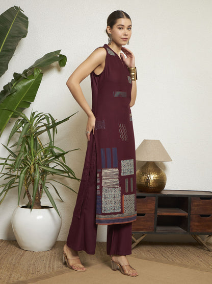 Wine Printed Rayon Women's Kurta and Palazzo Set