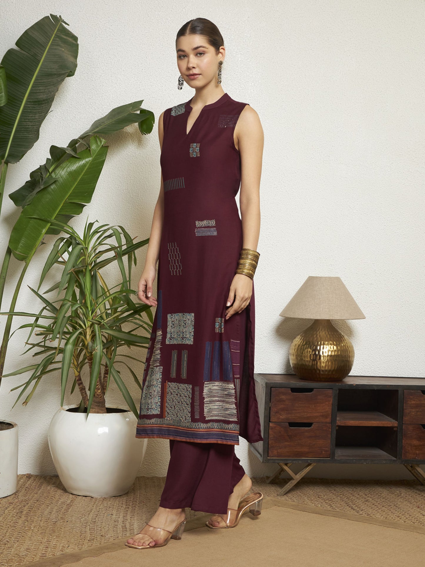 Wine Printed Rayon Women's Kurta and Palazzo Set